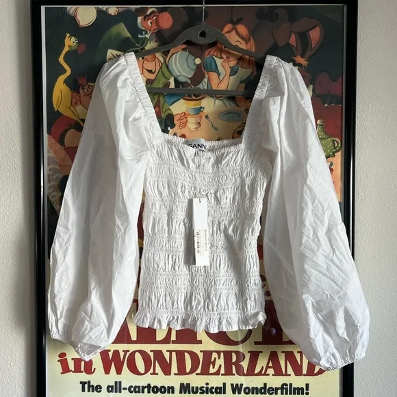 Ganni Puff Sleeve Ruched Blouse NWT - Picture 3 of 5